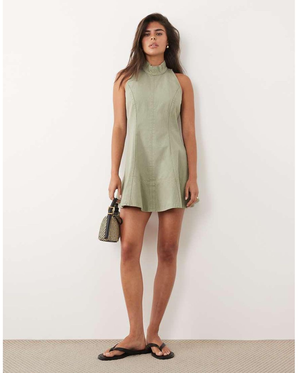 ASOS Green Twill Funnel Neck Seamed Mini Dress