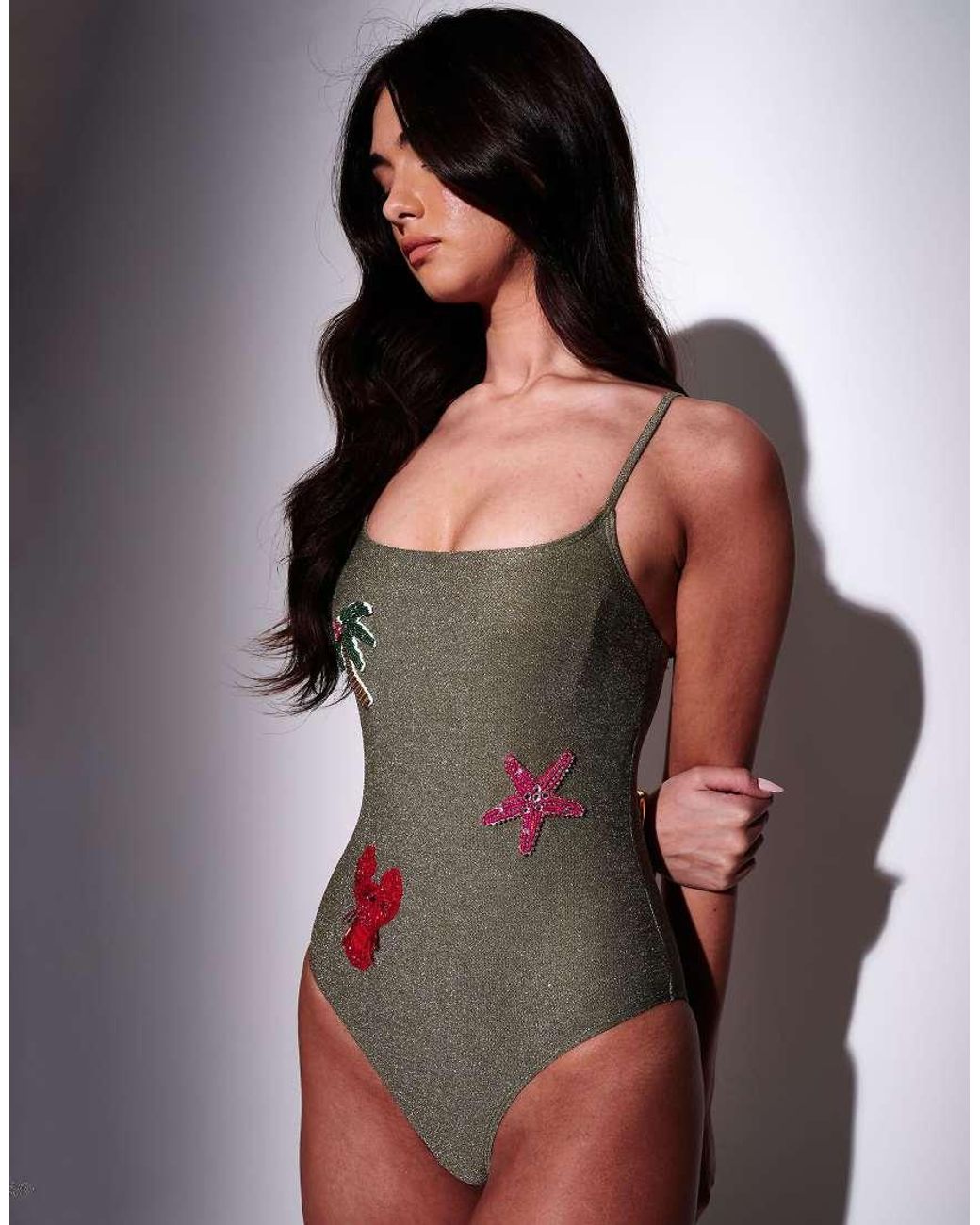 South Beach Green Motif Embellished Glitter Swimsuit
