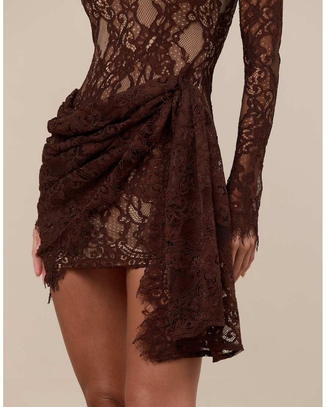 Wanderdoll Natural Cece Lace High Neck Drape Waist Detail Mini Dress