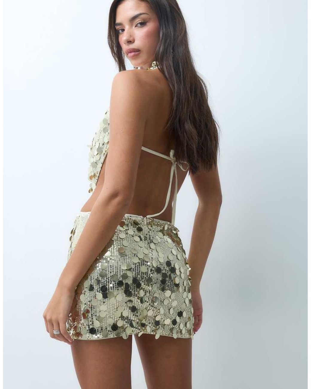 Kaiia Brown Exclusive Disc Sequin Mid Waist Mini Skirt Co-ord