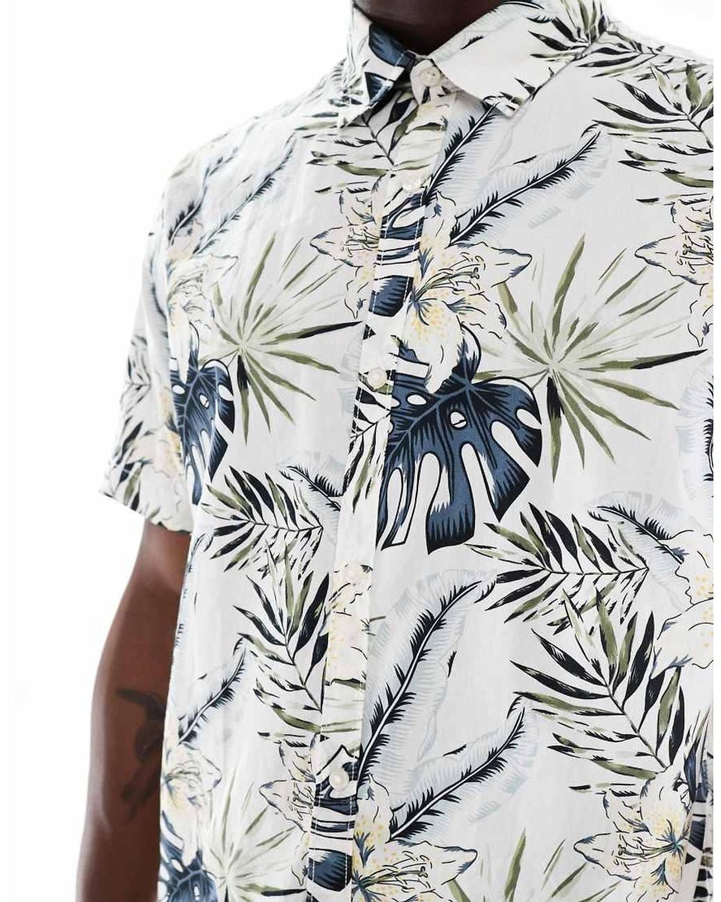 Camicia A Maniche Corte Color Crema Con Stampa Hawaiana di Jack & Jones in White da Uomo