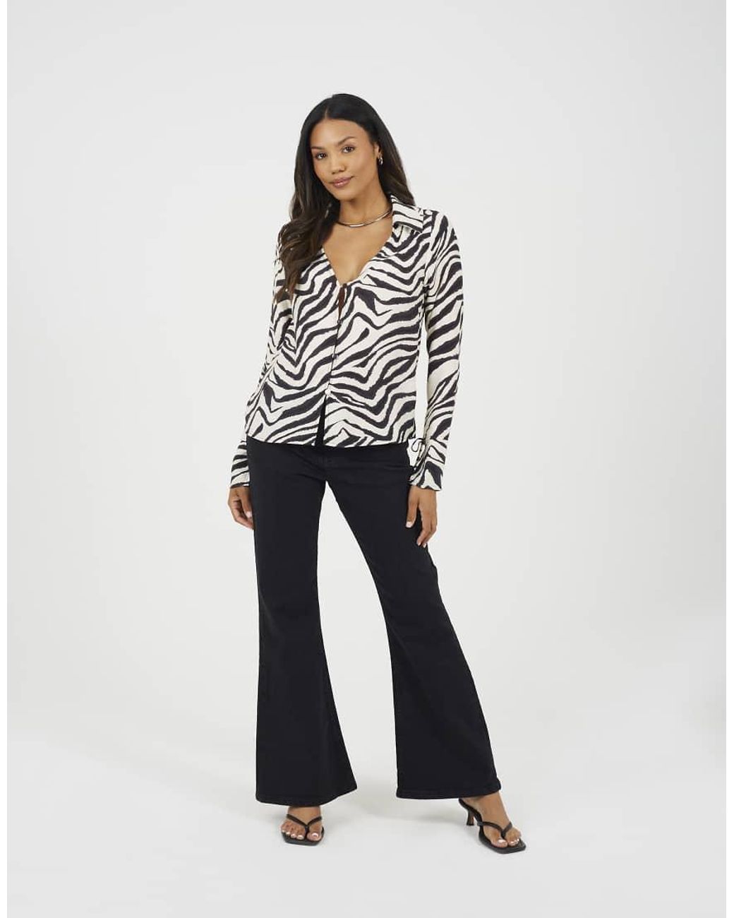Brave Soul White Zebra Print Long Sleeve Collared Blouse