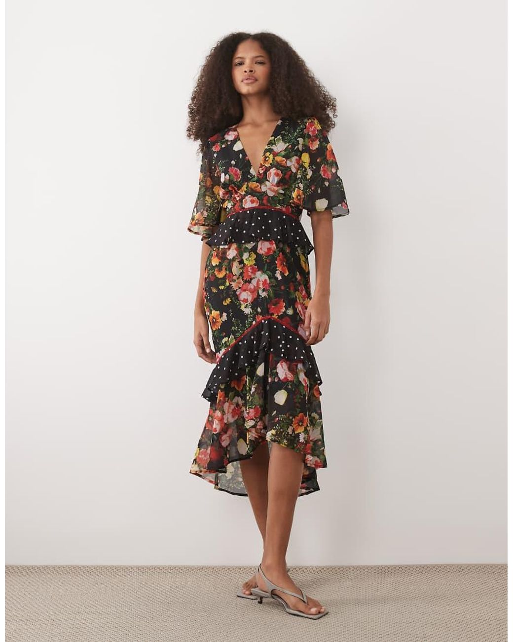 Hope & Ivy Natural Midi Tea Dress With Peplum Waist
