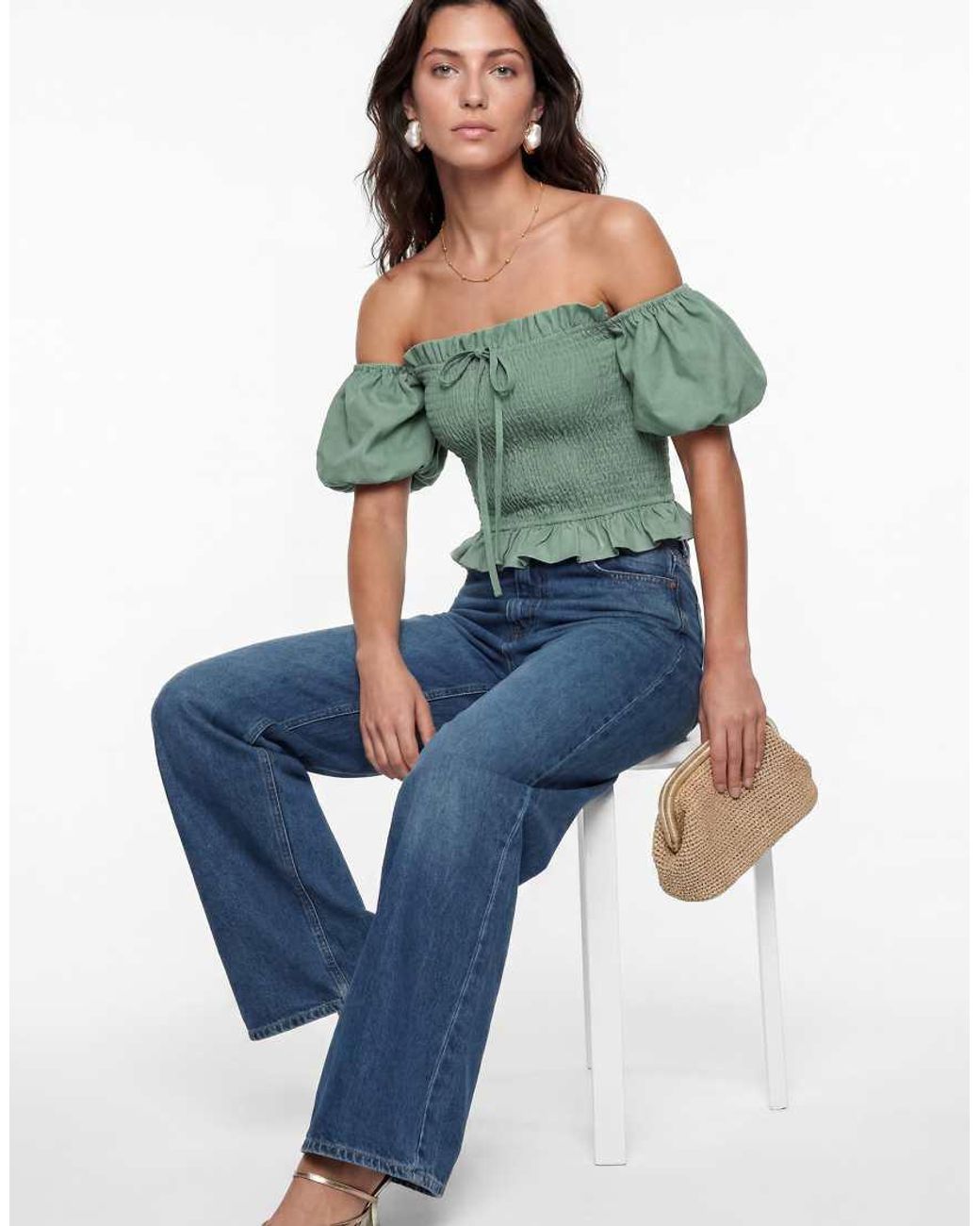 Lovedrobe Blue Short Sleeve Shirred Bardot Top