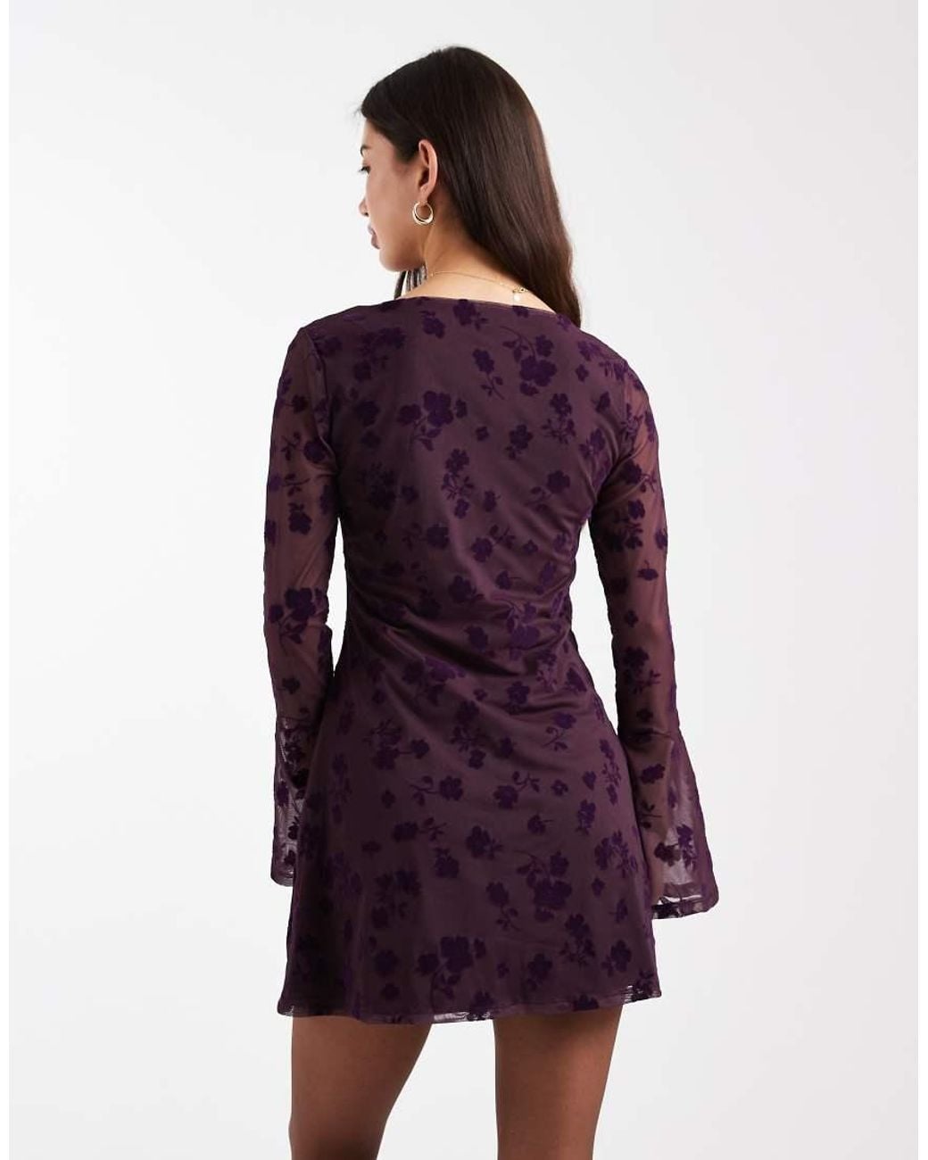 ASOS Purple Flocked Floral Mini Dress With Flute Sleeve