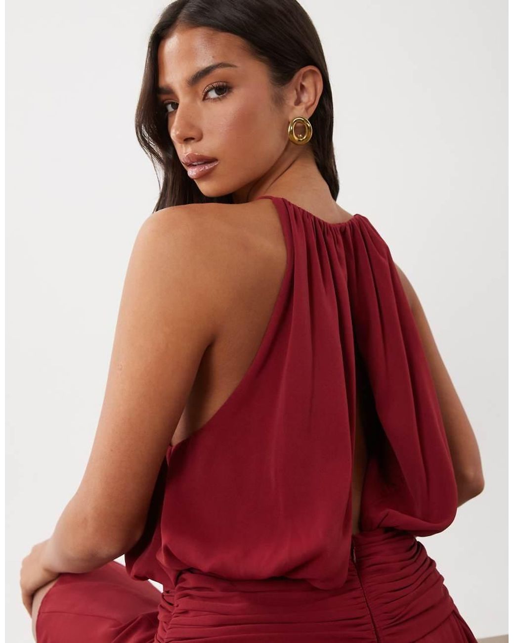 ASOS Red Satin High Neck Drop Waist Flippy Mini Dress