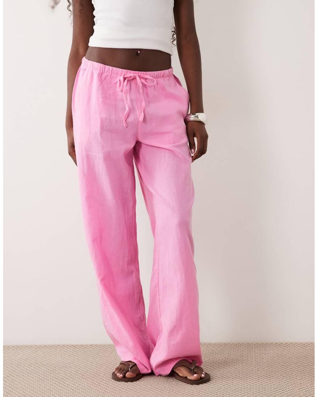 Gina Tricot Pink Pull On Linen Blend Trousers With Pockets