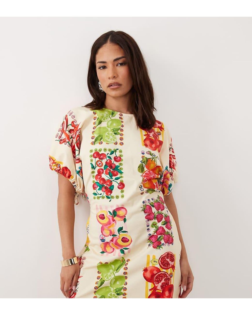 Vestido Corto Acampanado De Manga Corta Con Estampado De Frutas Y Lazada En La Espalda-Blanco Never Fully Dressed de color White