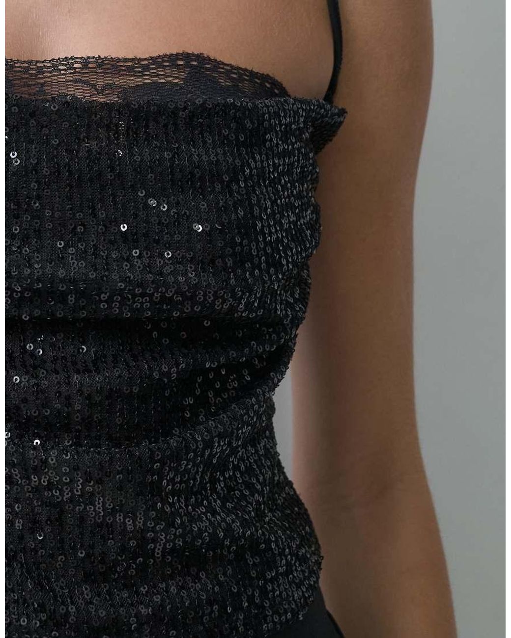 ASOS Black Sequin Cami With Lace Peek A Boo