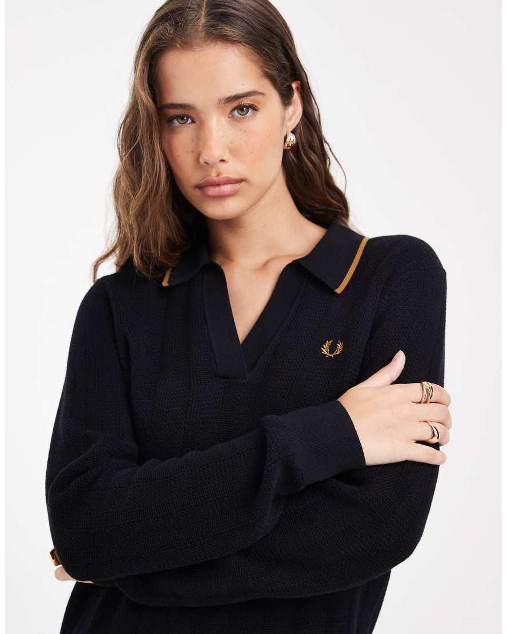 Fred Perry Blue Textured Kniited Shirt Dress