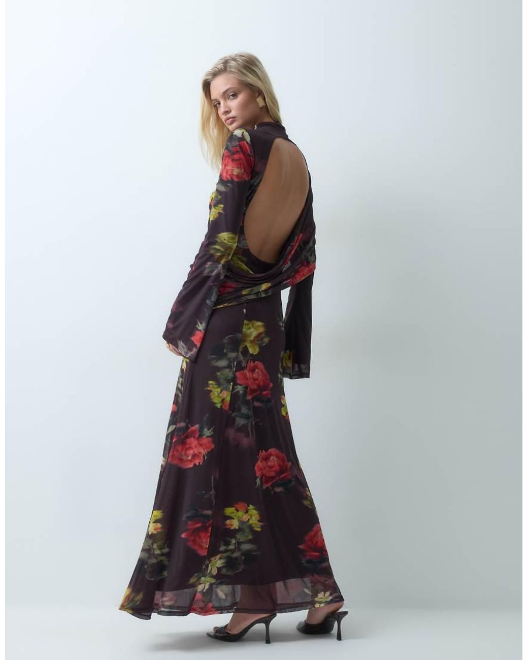 ASOS Multicolor Draped High Neck Printed Floral Mesh Maxi Dress With Open Back Detail