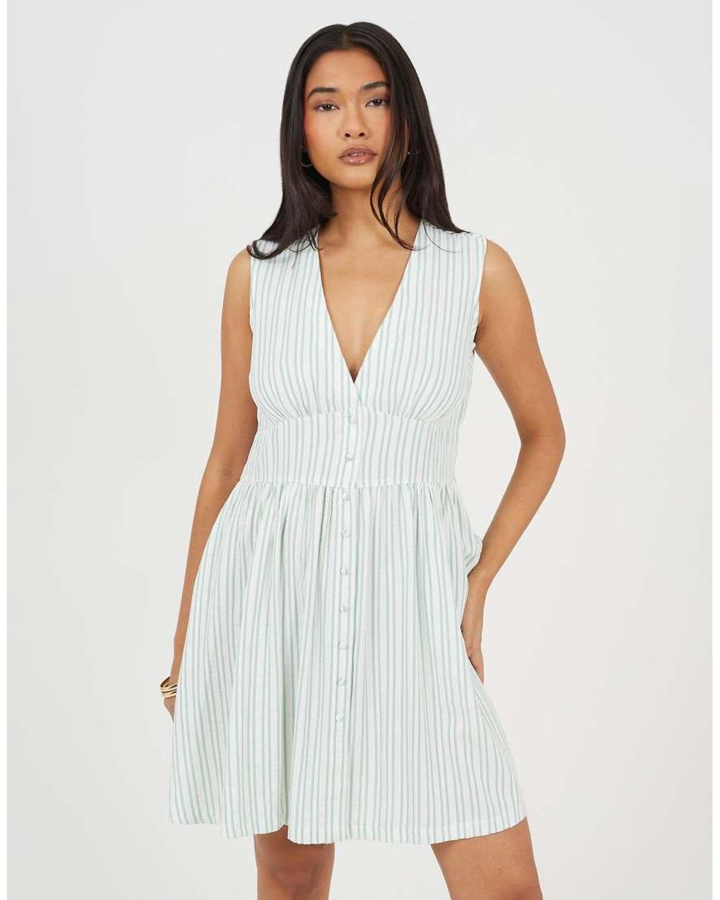Brave Soul White Stripe Sleeveless Mini Dress With Button Details