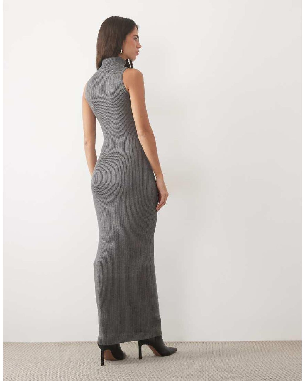Kaiia Gray Exclusive High Neck Sleeveless Ribbed Knit Maxi Dress