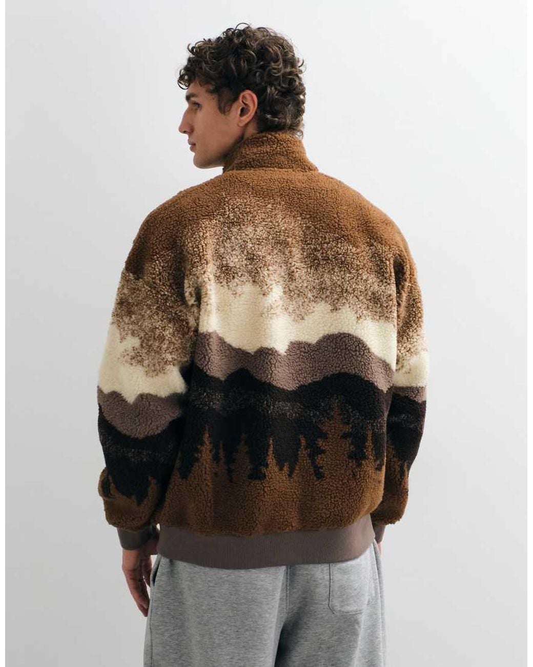 Only & Sons Brown Oversized Bomber Fleece With Scenic Print for men