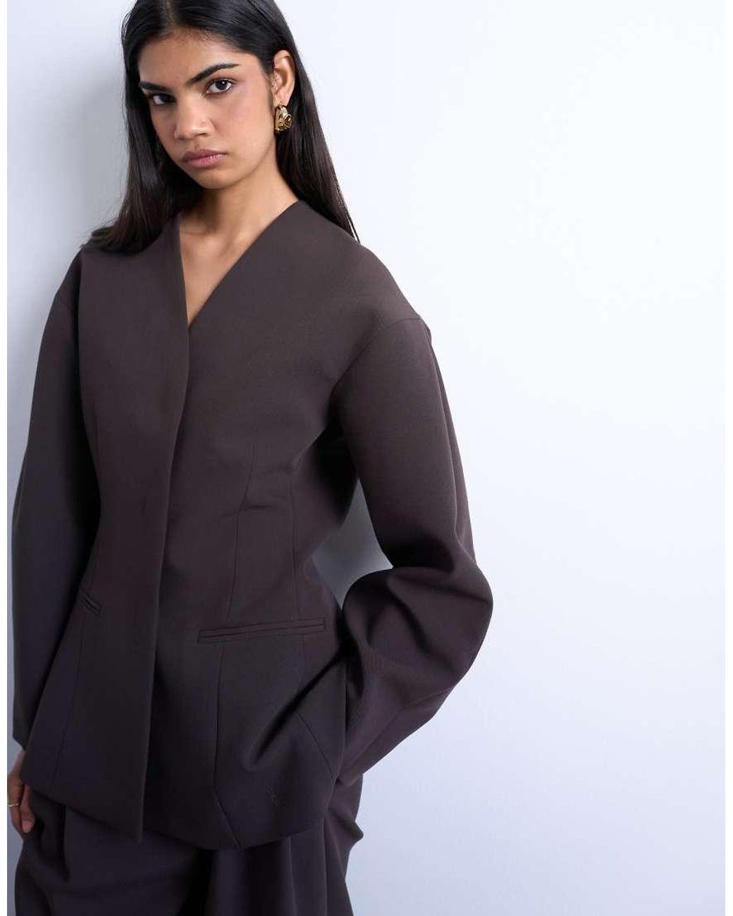 TOPSHOP Blue Ovoid Collarless Suit Blazer