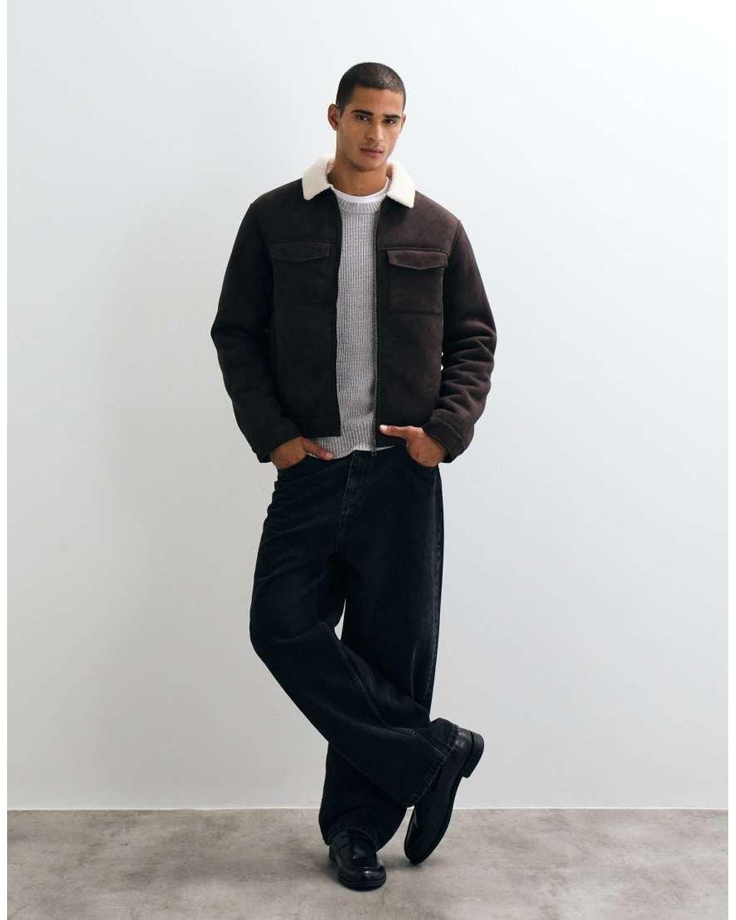 Threadbare Black Faux Suede Borg Lined Aviator Jacket for men