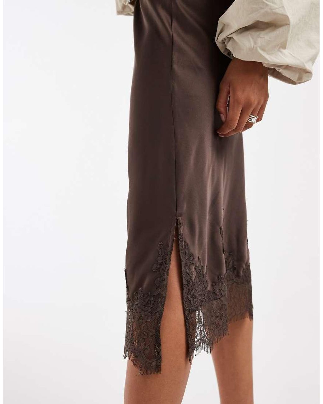 Pieces Natural Satin Knee Length Skirt With Lace Trim