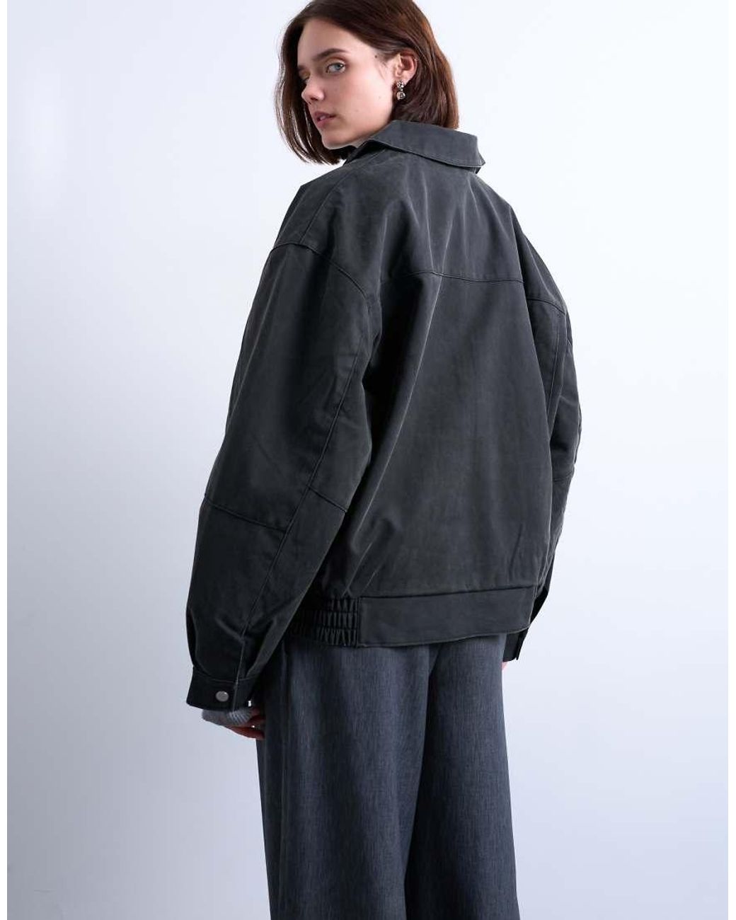 TOPSHOP Blue Faux Suede Super Oversized Quilted Lined Bomber Jacket With Patch Pockets