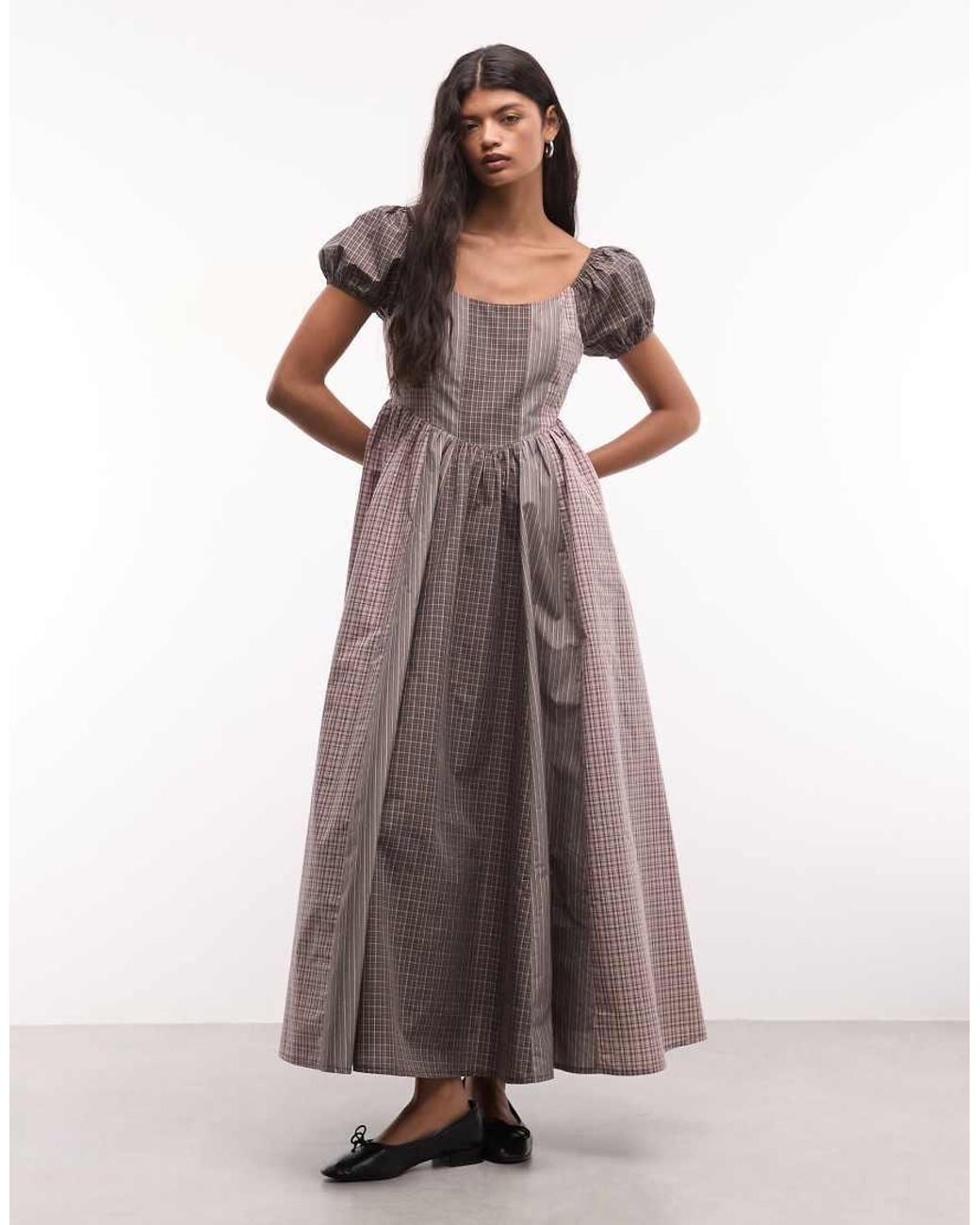 Daisy Street Brown Drop Waist Corset Style Maxi Dress With Puff Sleeve