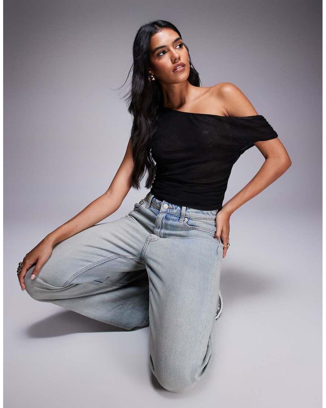 ASOS Black Mesh Ruched Asymmetric Top