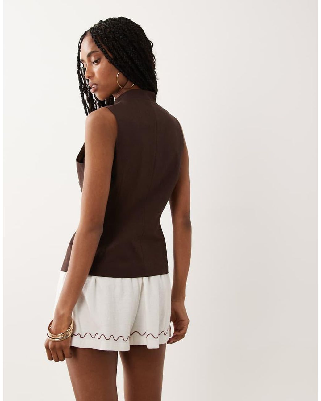 ASOS Brown Linen Blend Mandarin Collar Tank Top