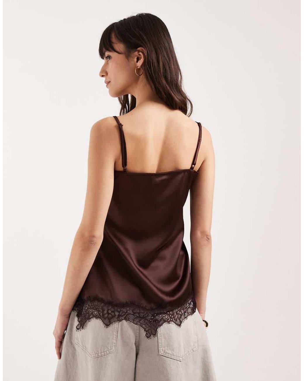 ASOS Brown Lace Trim Long Line Satin Cami Top