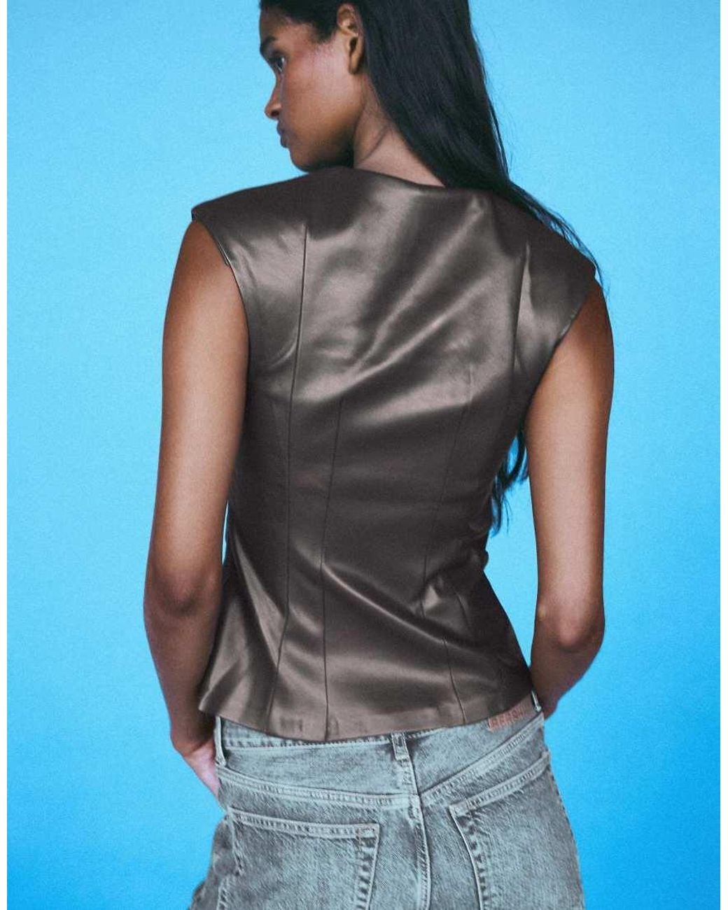 Bershka Blue Sleeveless Leather Effect Cut-out Top