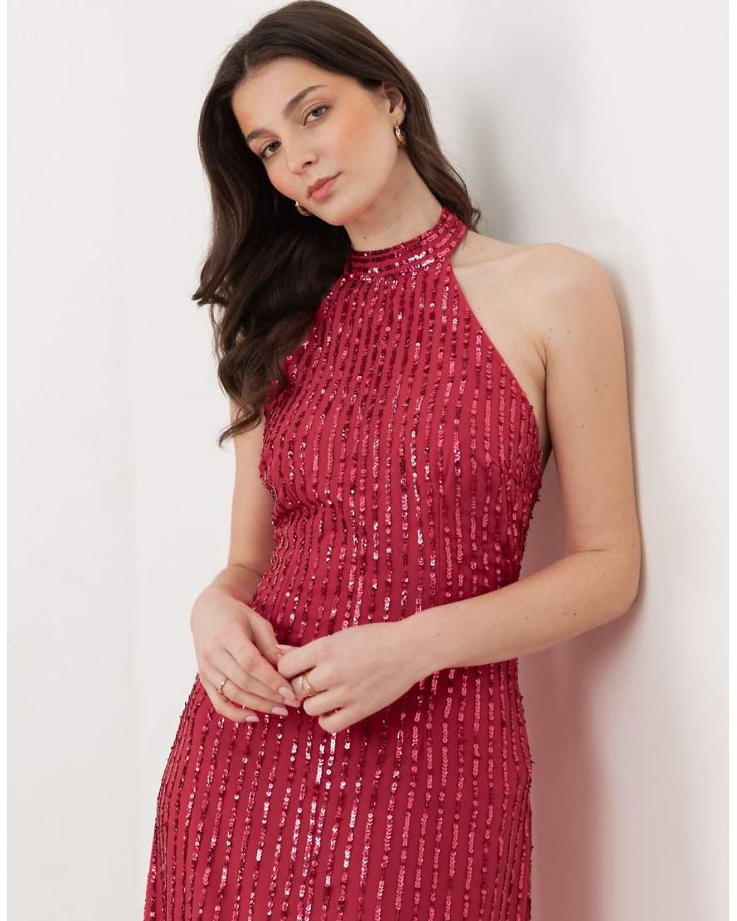 Maya Pink Linear Embellishment Halter Neck Maxi Dress