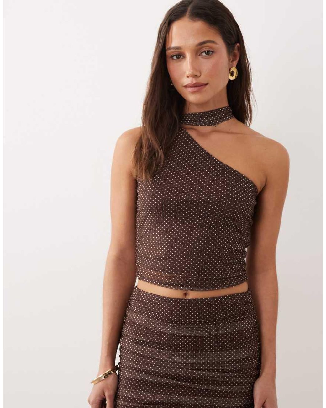 The Frolic Brown Exclusive Mesh Overlay Asymmetric Shoulder Scarf Wrap Around Detail Top Co-Ord