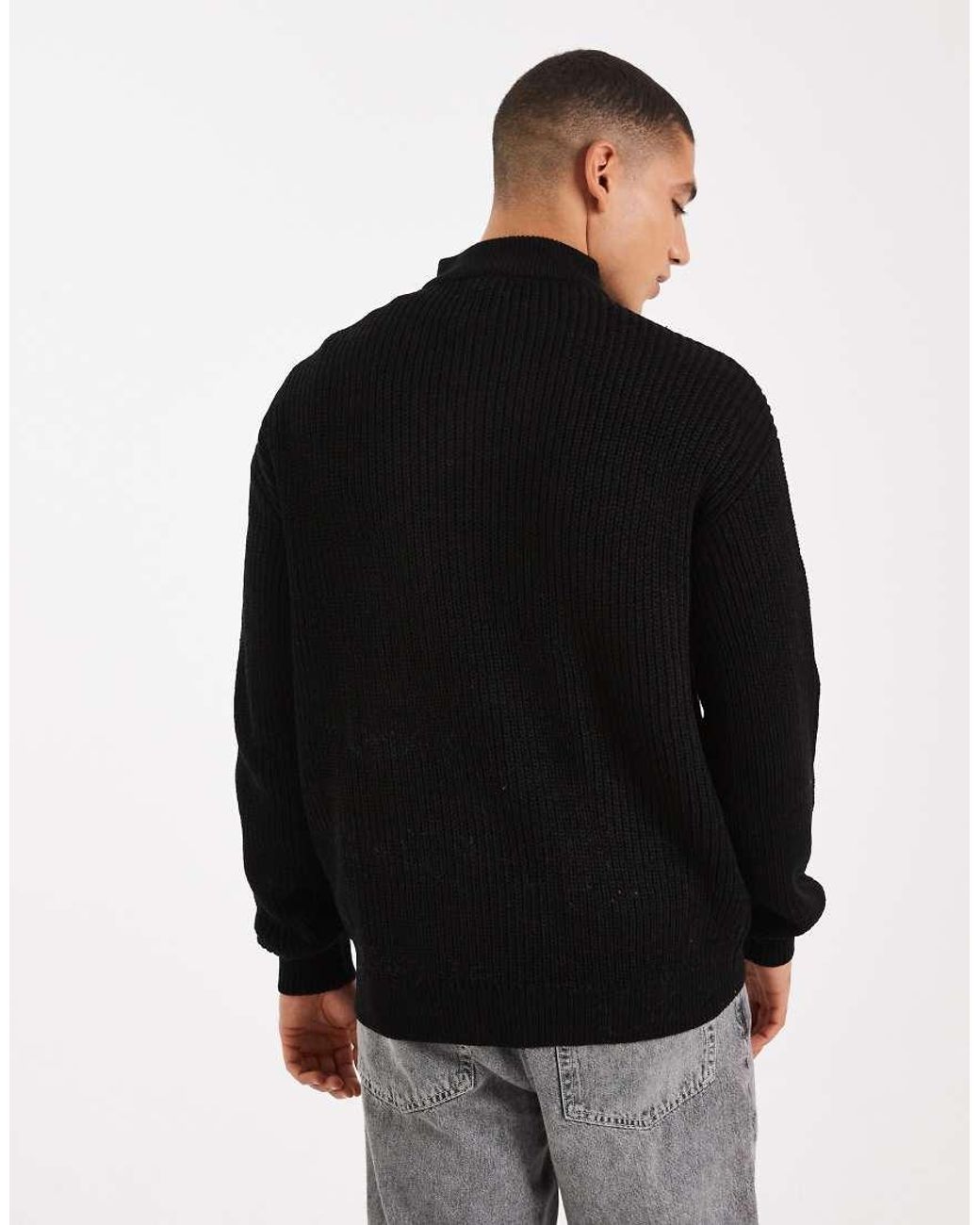 New Look Black Fisherman Knit 1/4 Zip Sweater for men