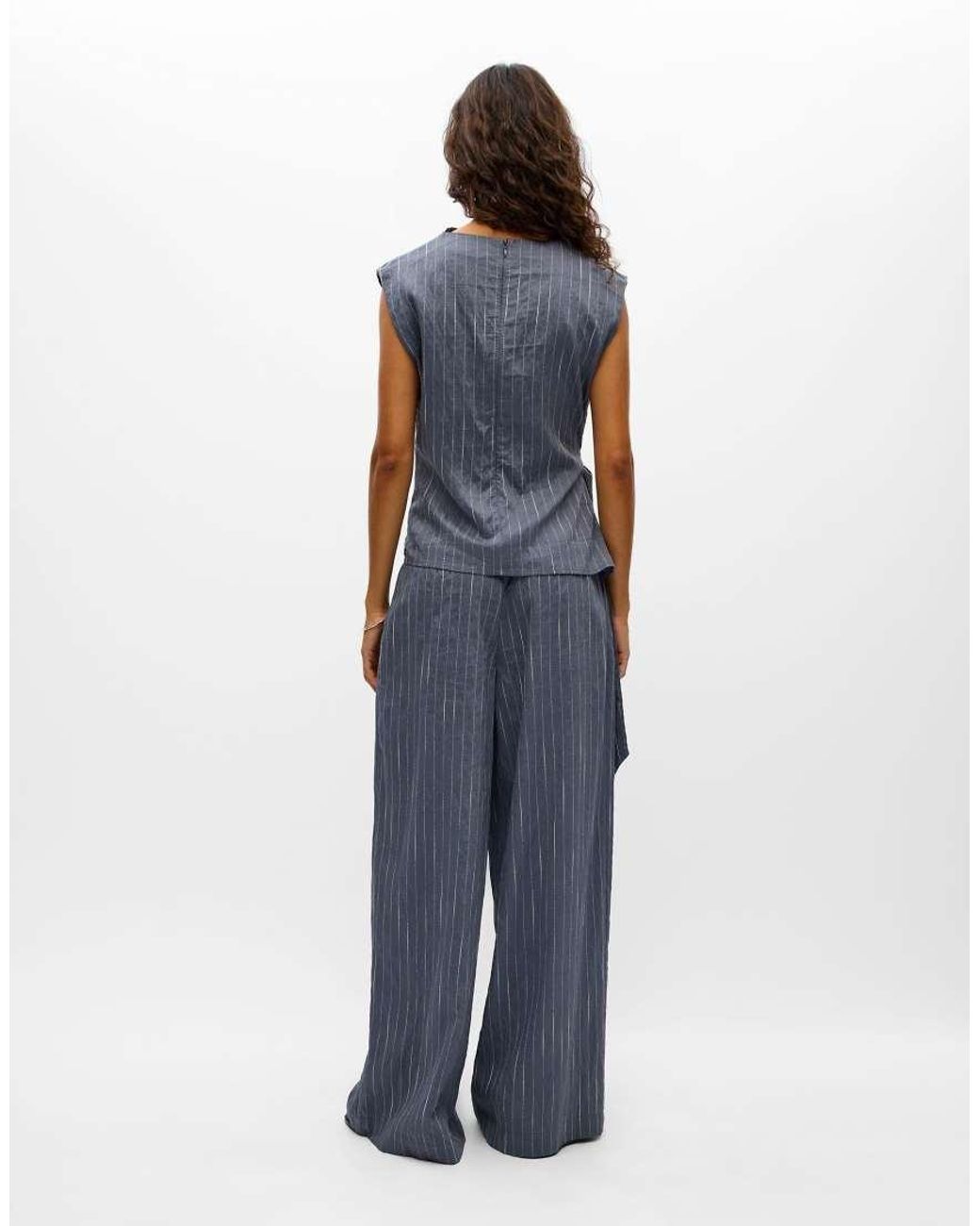 Object Blue Loy Striped Crew Neck Sleeveless Wrap Top