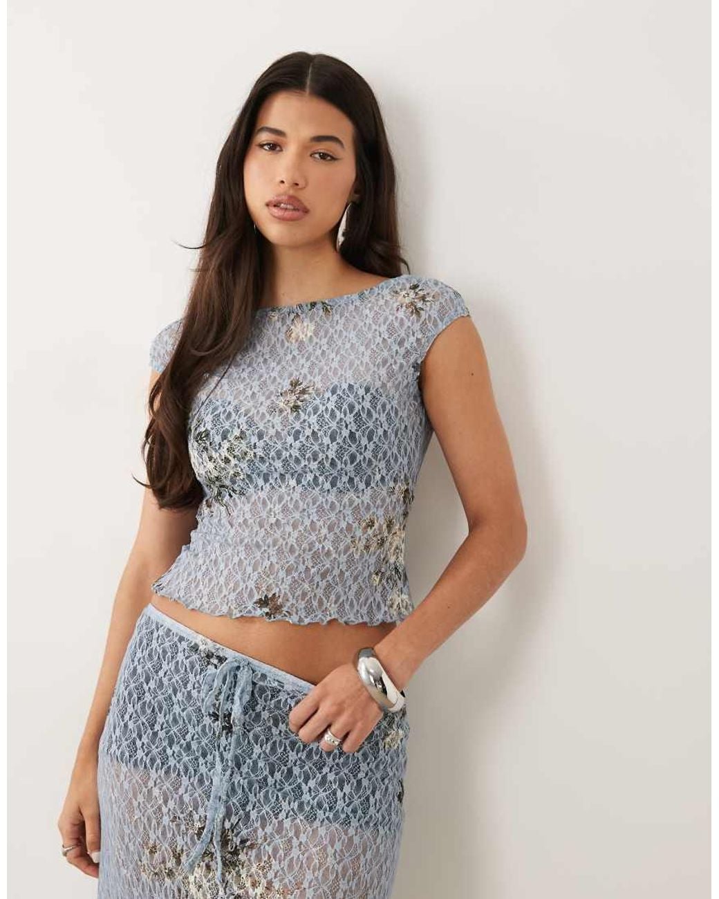 ASOS Blue Co-ord Printed Lace Cap Sleeve Open Back Top