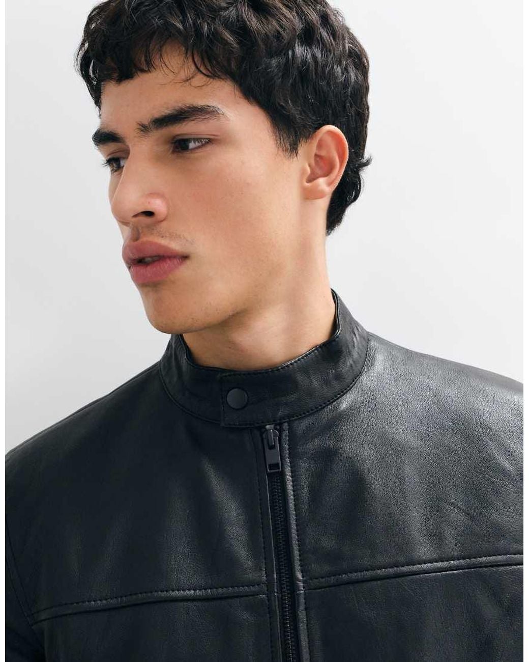Barney's Originals Blue Real Leather Café Racer Jacket for men