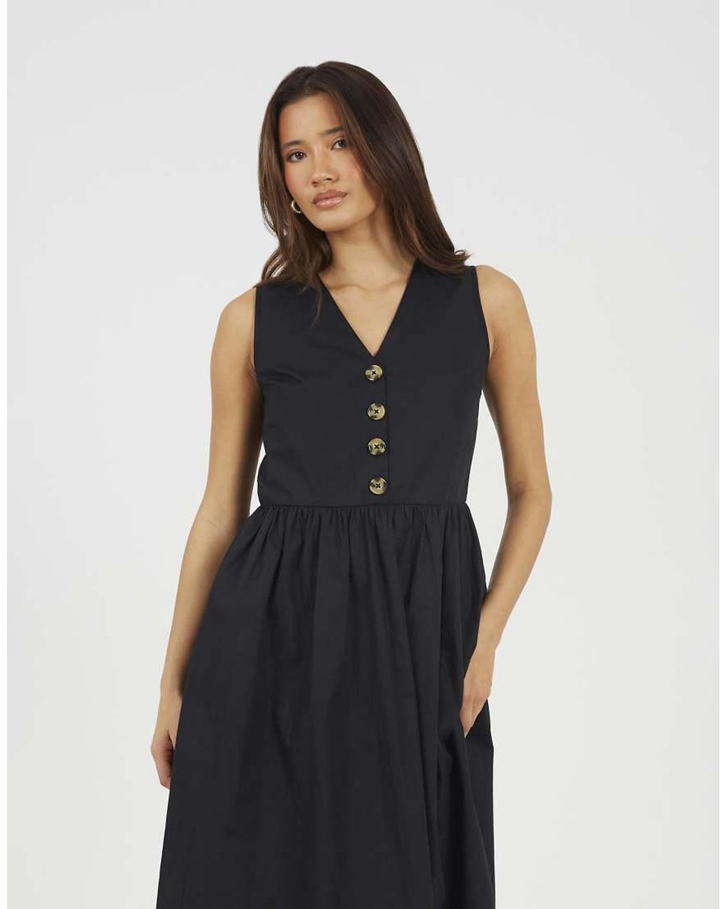 Brave Soul Black Sleeveless V-Neck Button Down Midi Dress