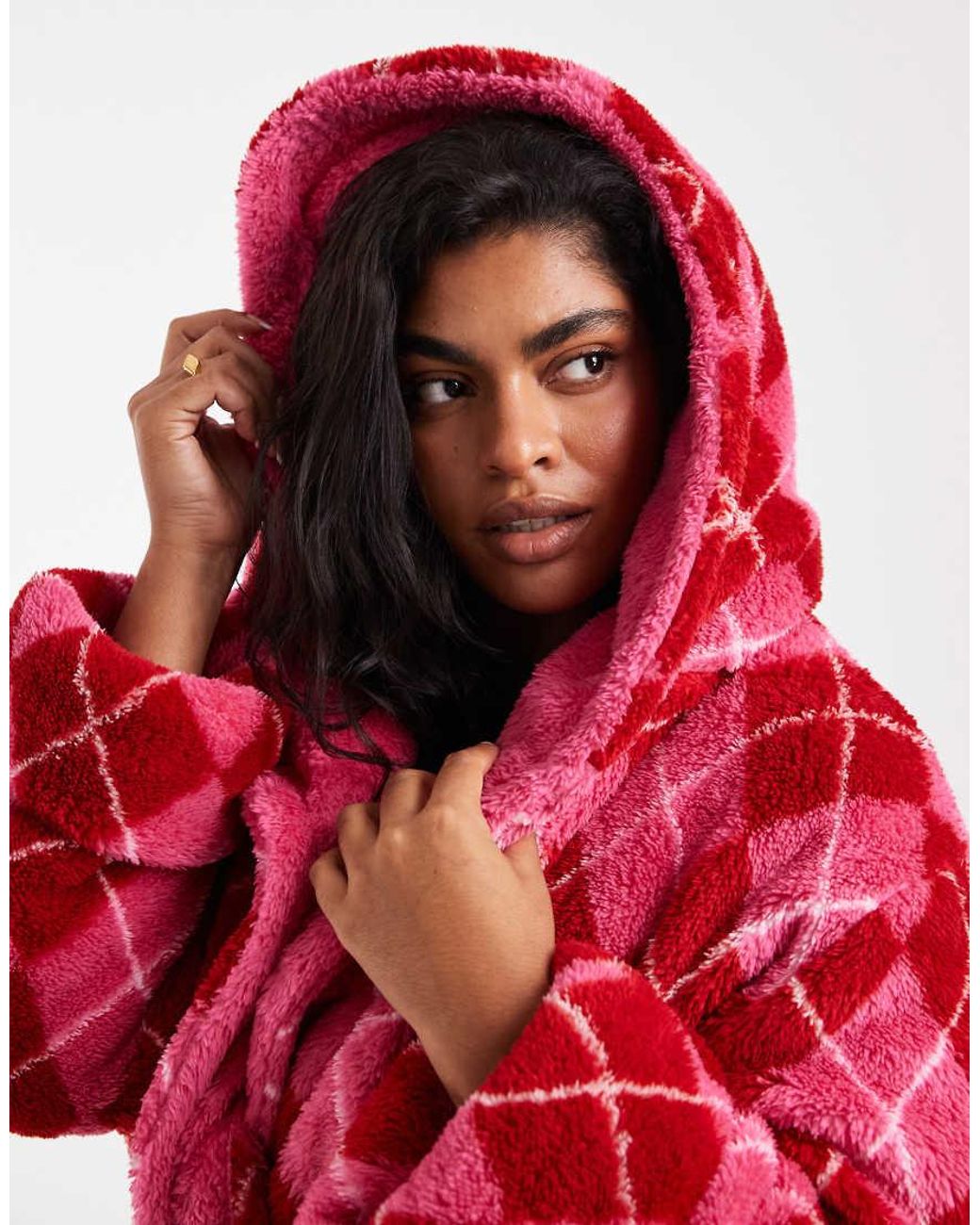 Loungeable Red Curve Cosy Hooded Midi Dressing Gown