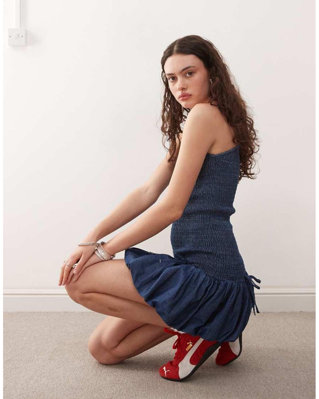 Collusion Blue Denim One Shoulder Shirred Mini Dress