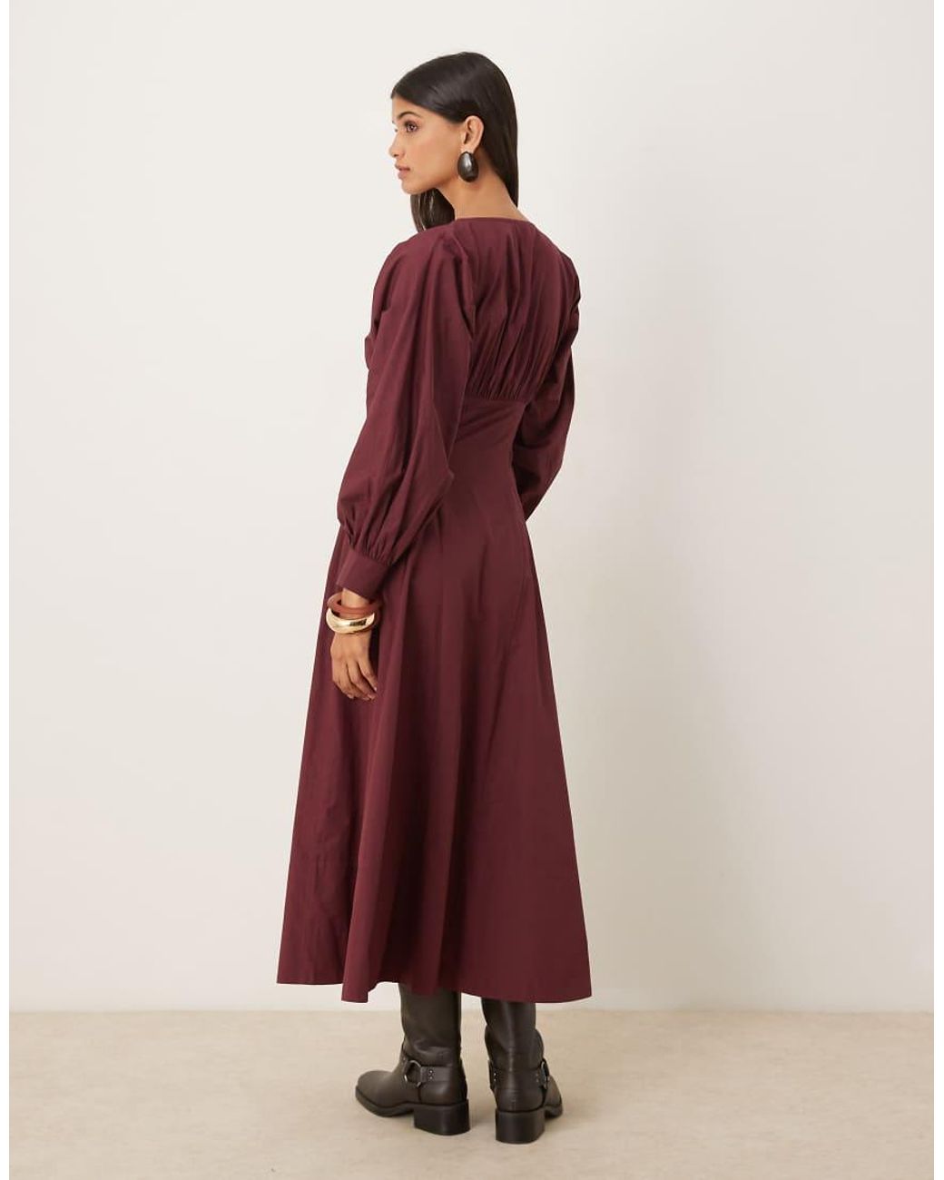 ASOS Red Long Sleeve V Neck Poplin Maxi Dress