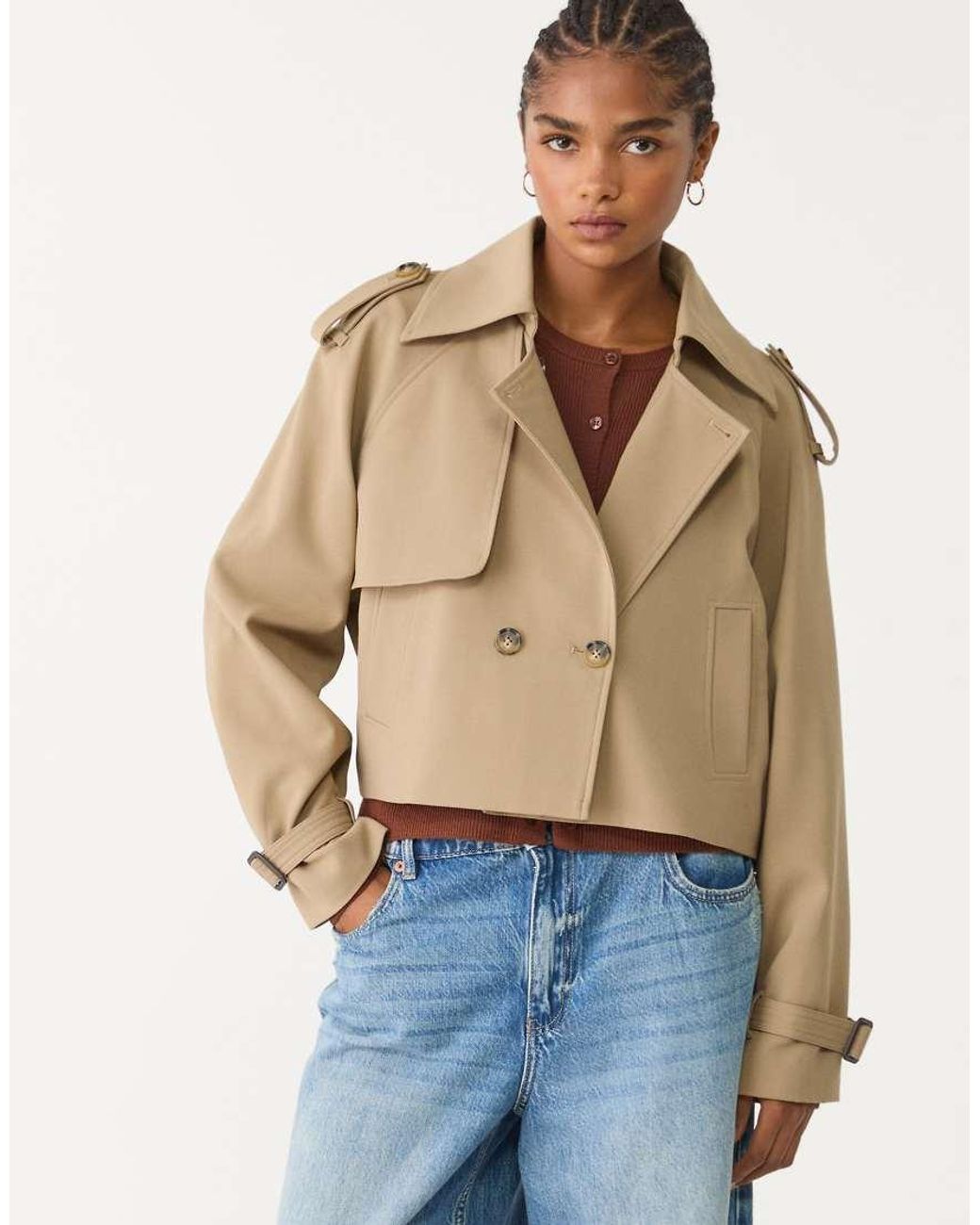 Stradivarius Natural Cropped Tailored Trench Coat