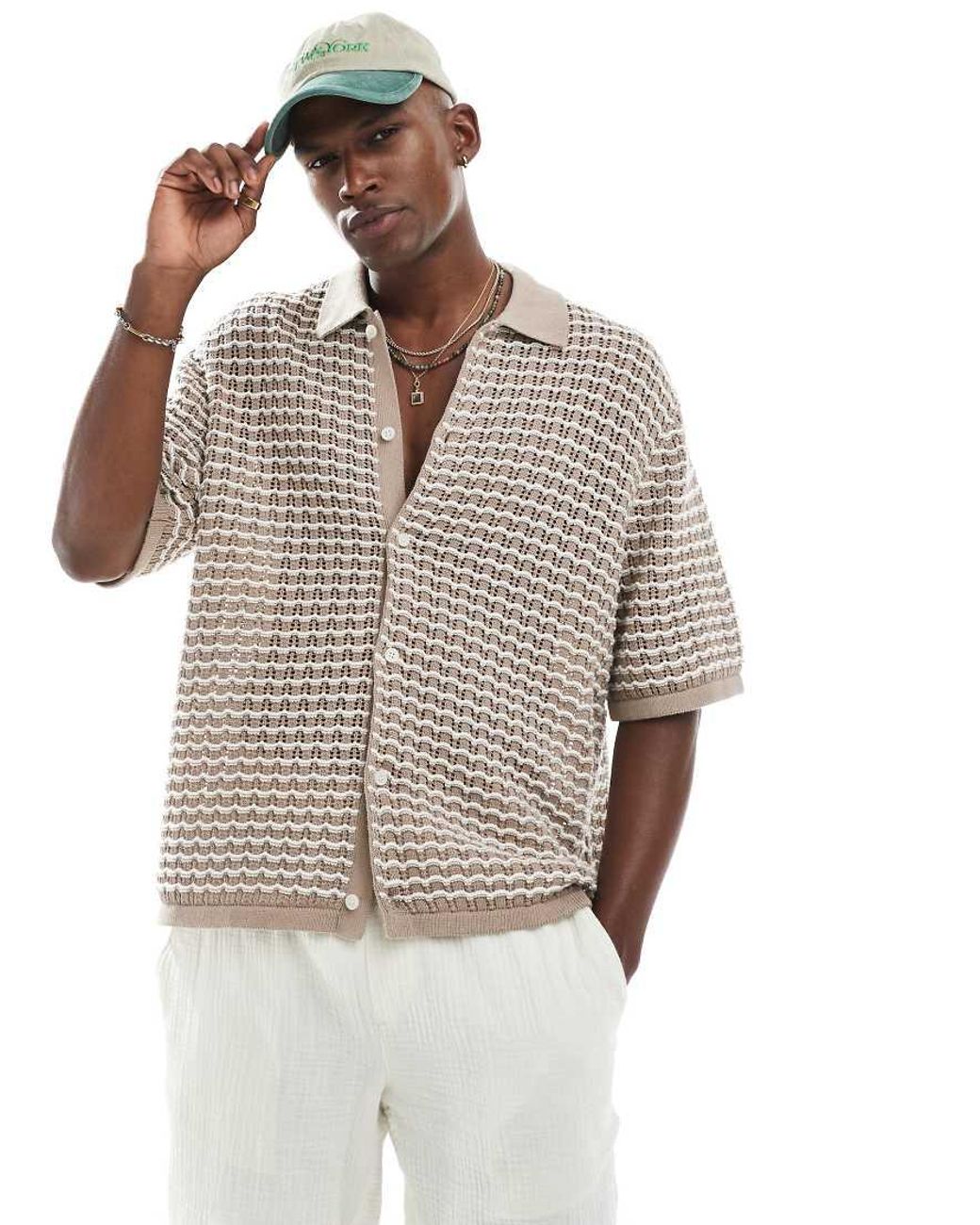 Jack & Jones Natural Crochet Button Through Polo for men