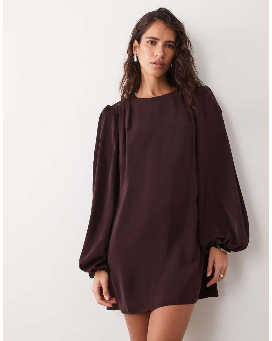 ASOS Brown Crew Neck Mini Dress With Volume Sleeve