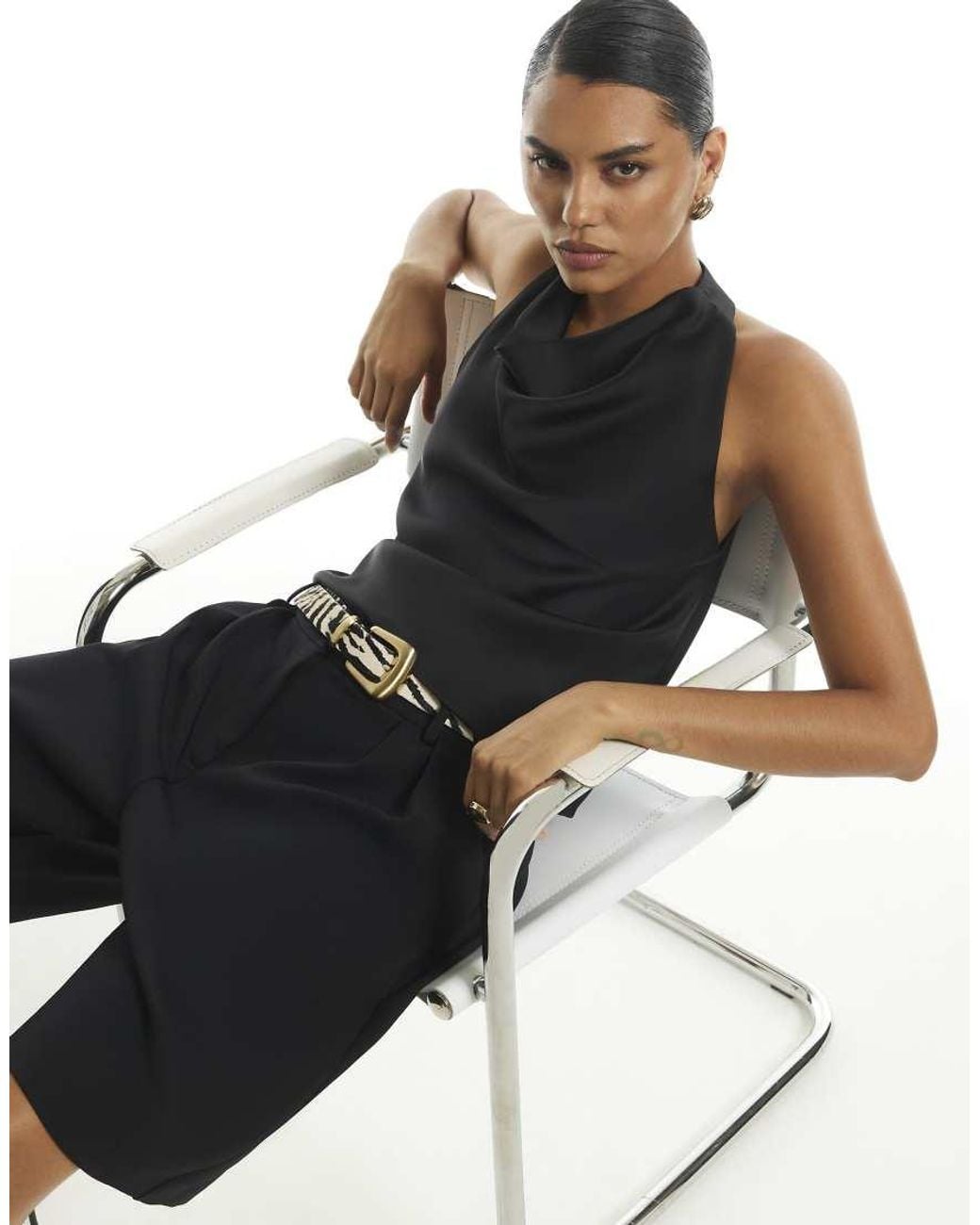 River Island Black Drape Satin Halter Neck Top