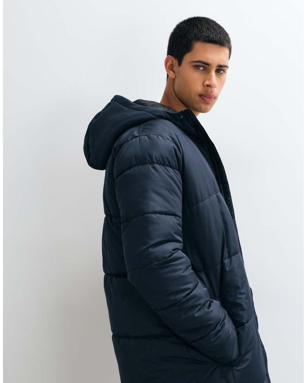 Blend Blue Longline Zip Through Hooded Puffer Jacket for men