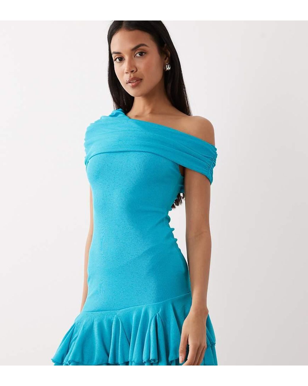 Kaiia Blue Foldover Detail Off One Shoulder Asymmetric Frill Hem Mini Dress