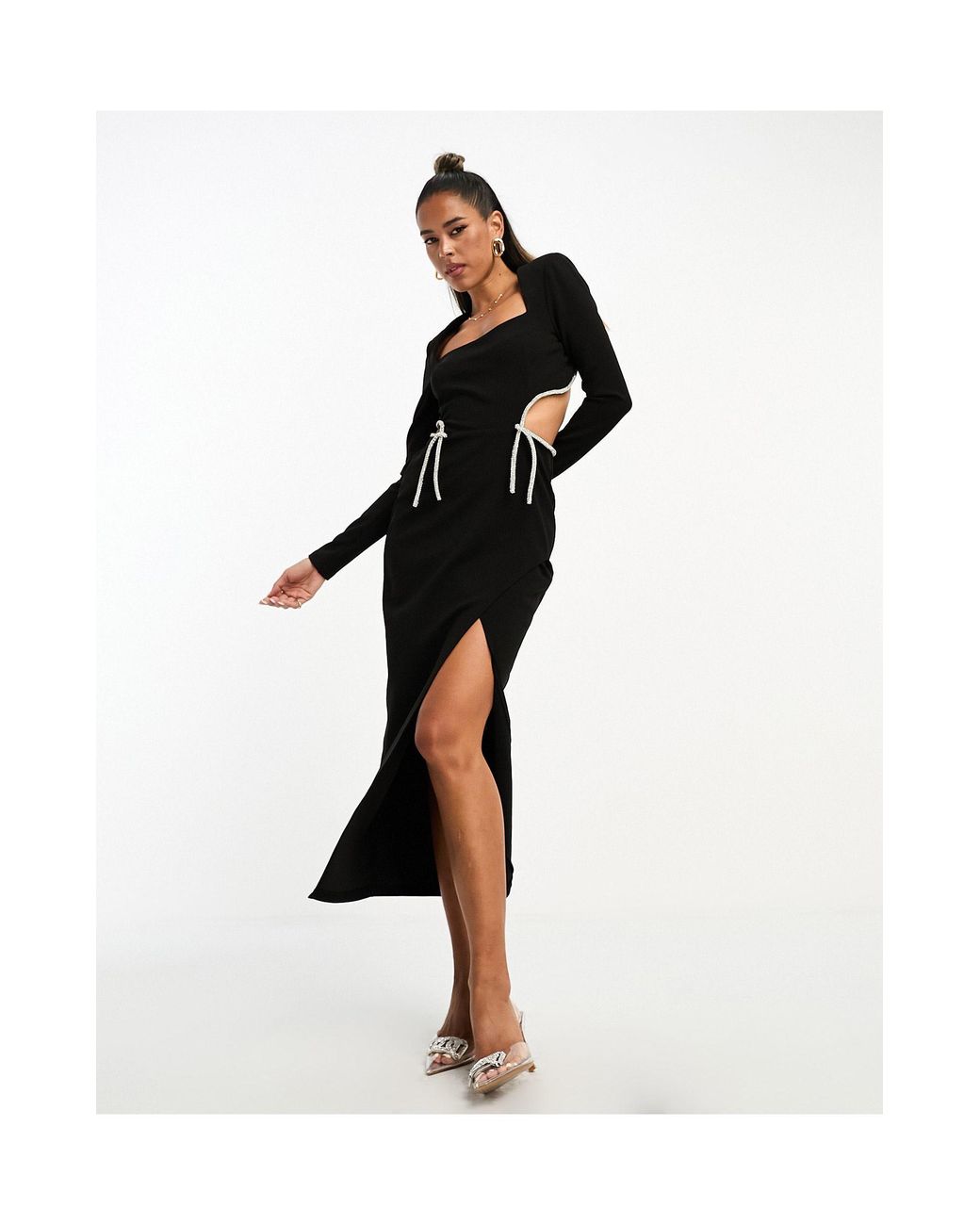 ASOS Long Sleeve Cut Out Midi Dress With Diamante Trims in Black | Lyst UK