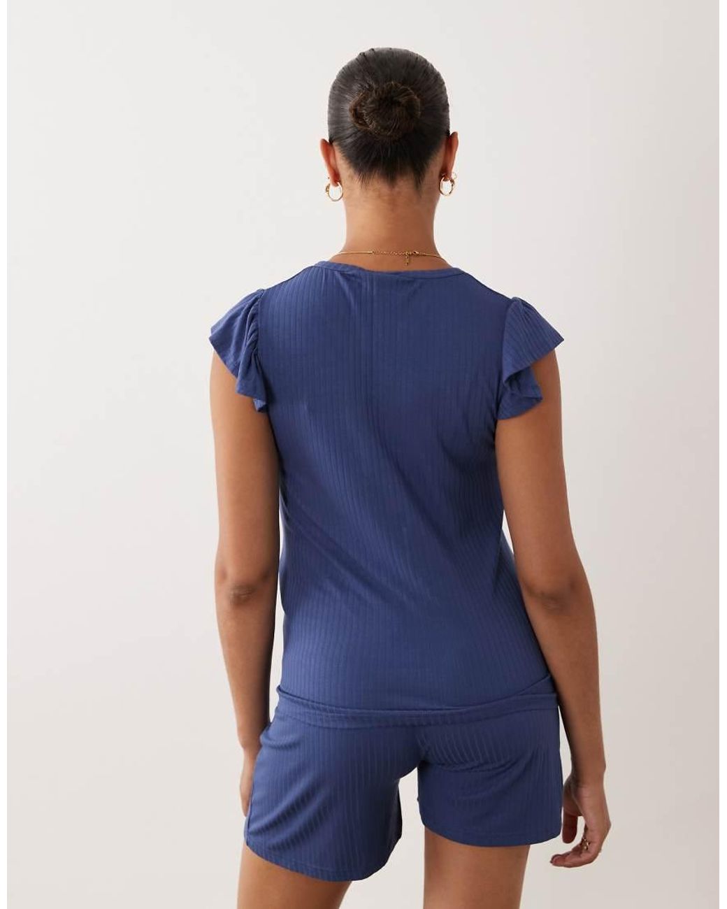 Mama.licious Blue Mamalicious Maternity Frill Sleeve Ribbed Jersey Top And Shorts Set