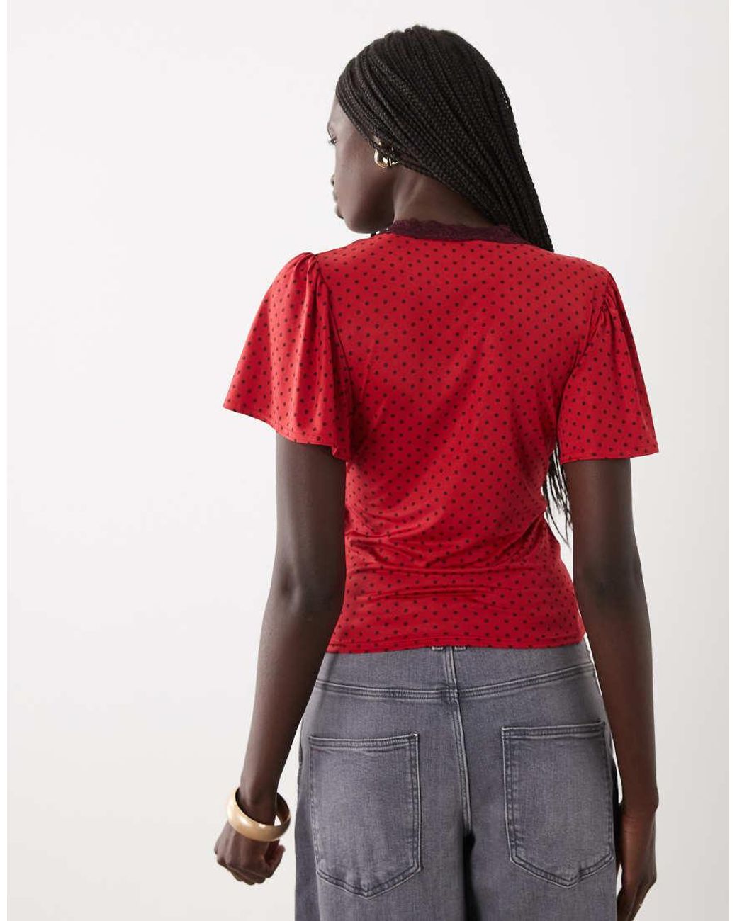Miss Selfridge Red Tea Top With Lace Trim