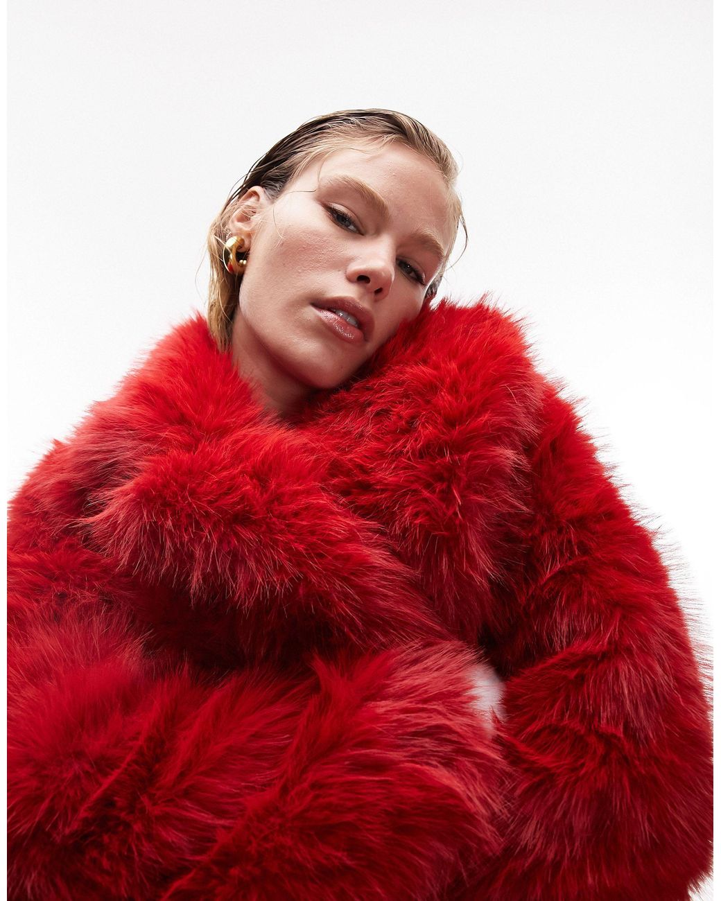 TOPSHOP Faux Fur Panelled Coat in Red