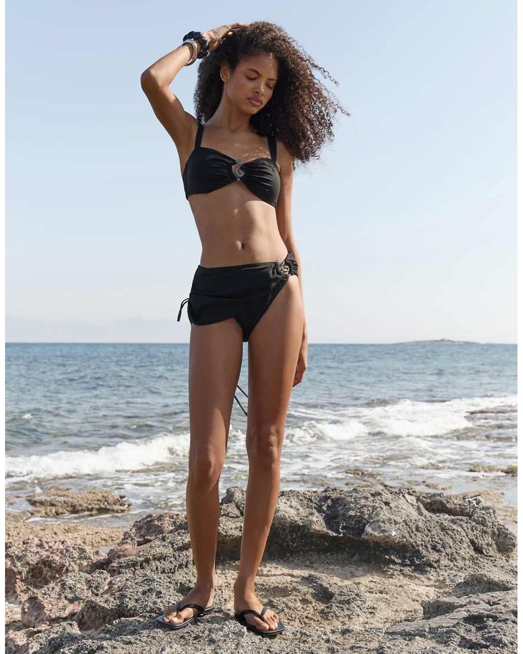 4th & Reckless Black Spiral Hardware Detail Ruched Wrap Side Bikini Bottom Co-ord