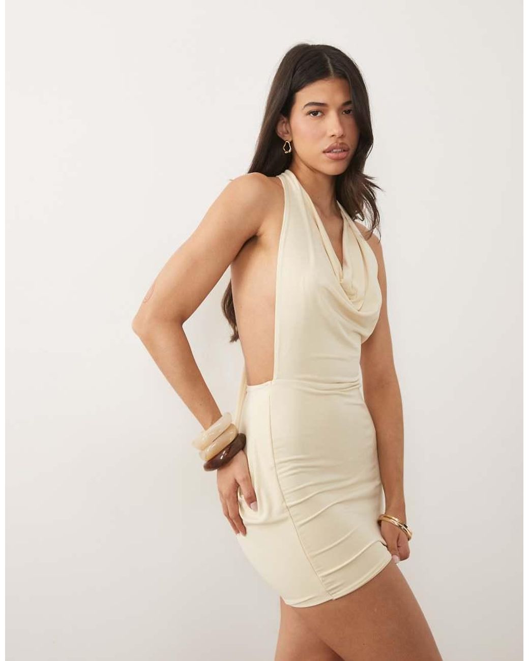 TFNC London Natural Slinky Cowl Neck Knot Detail Mini Dress