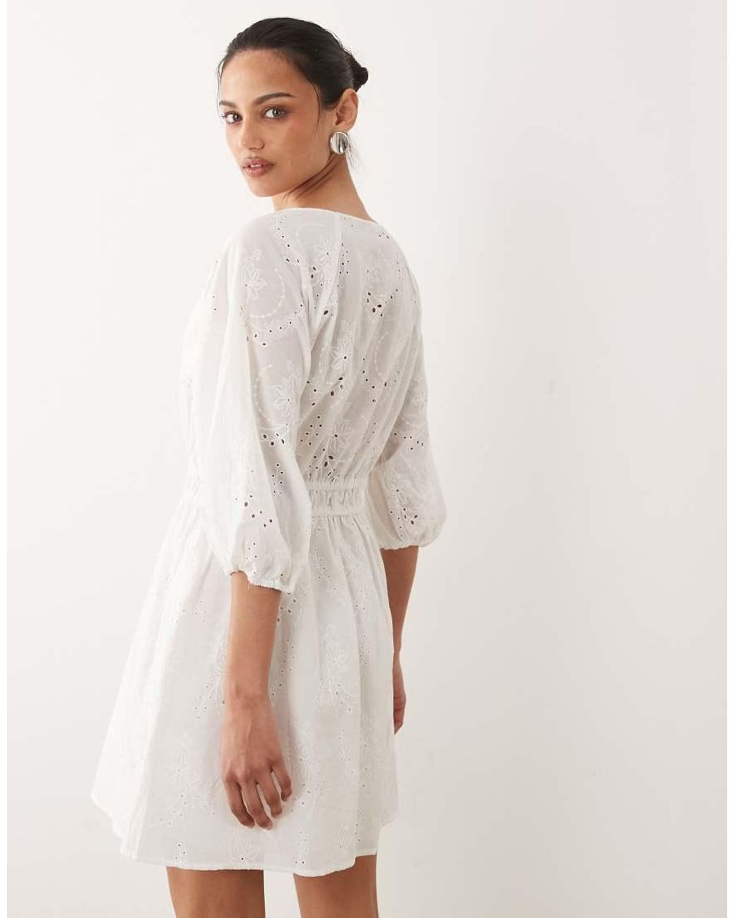 Mango White 100% Cotton Long Sleeve Embroidered Mini Dress